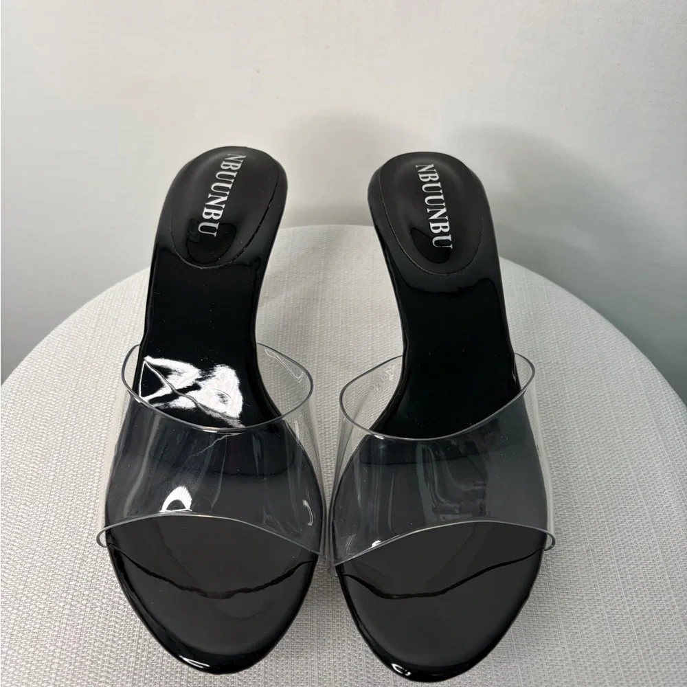 NBUUNBU women’s Size 35 Black Clear Strap Mule Heels(B113)✨
